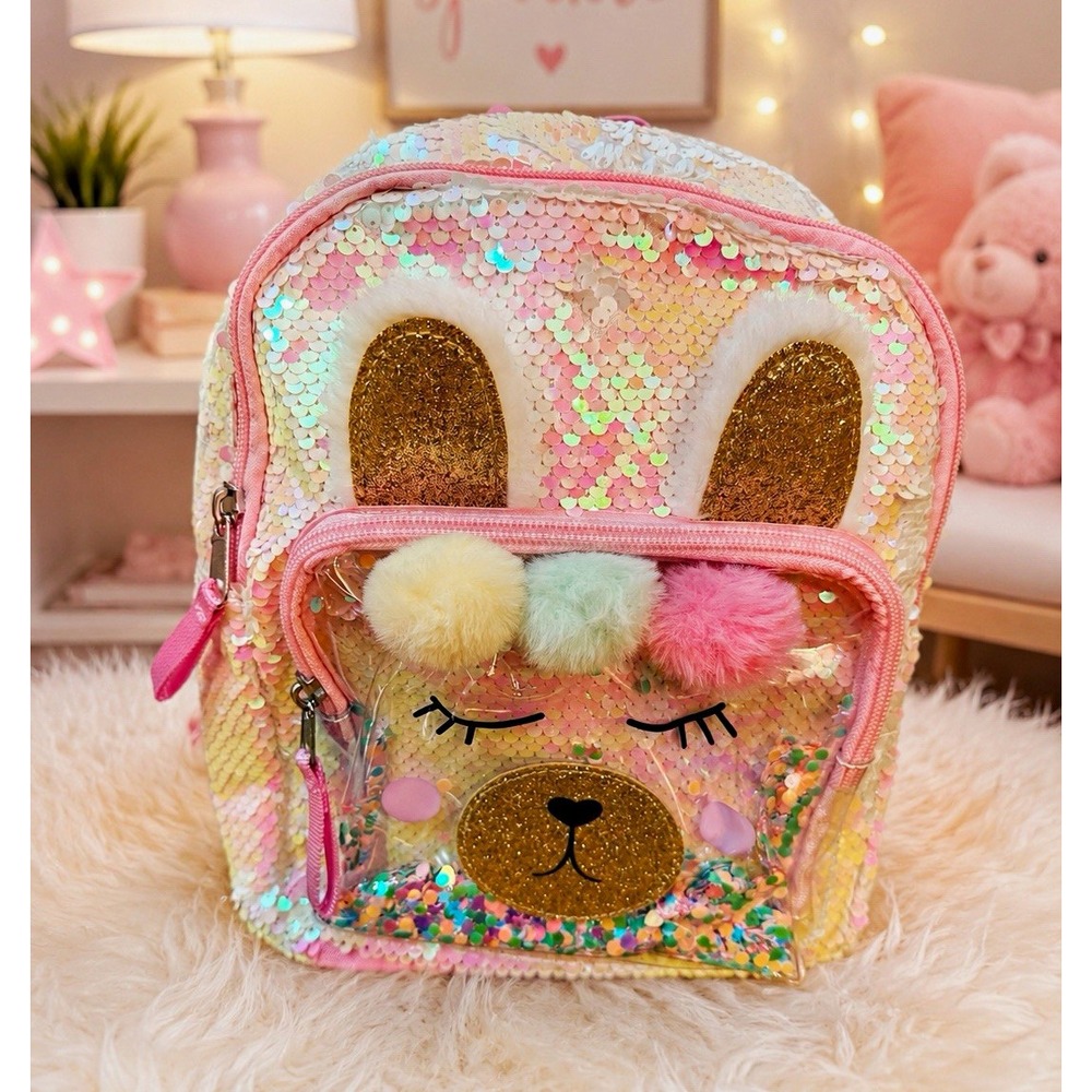 Cat & Jack Girls NWT Mini Llama Sequin Glitter Backpack Pink Zip Pockets